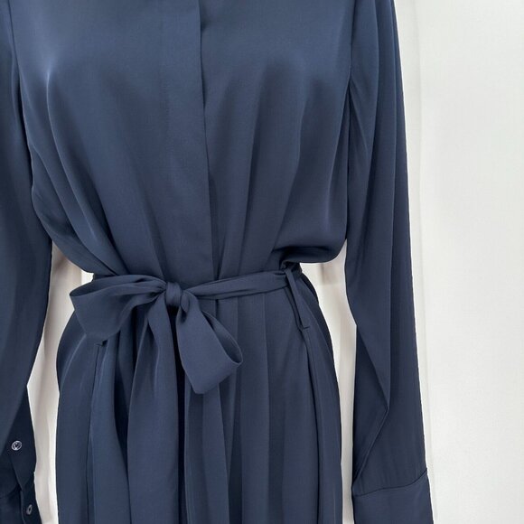 Quince Silk Shirt Dress Navy Blue sz L Women's Long Sleeve Belted NWT - Picture 4 of 8